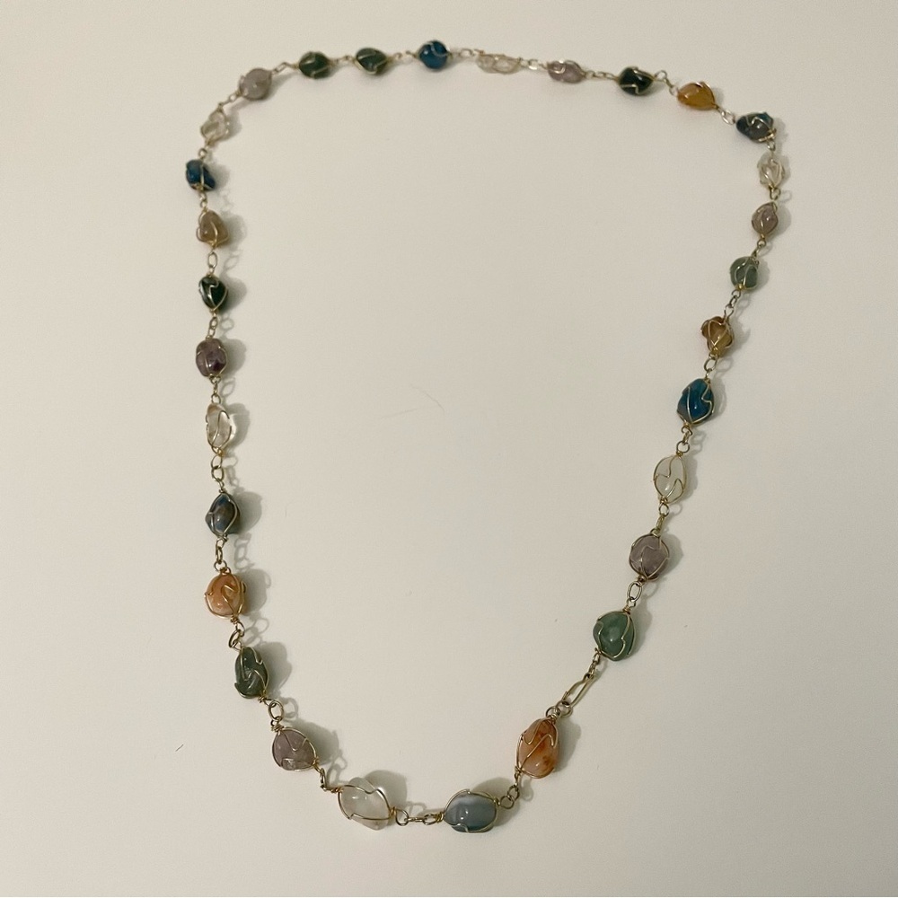 Boho Multi Gemstone Wire Wrapped Necklace Tumbled Stone Crystal Jewelry - Picture 11 of 15